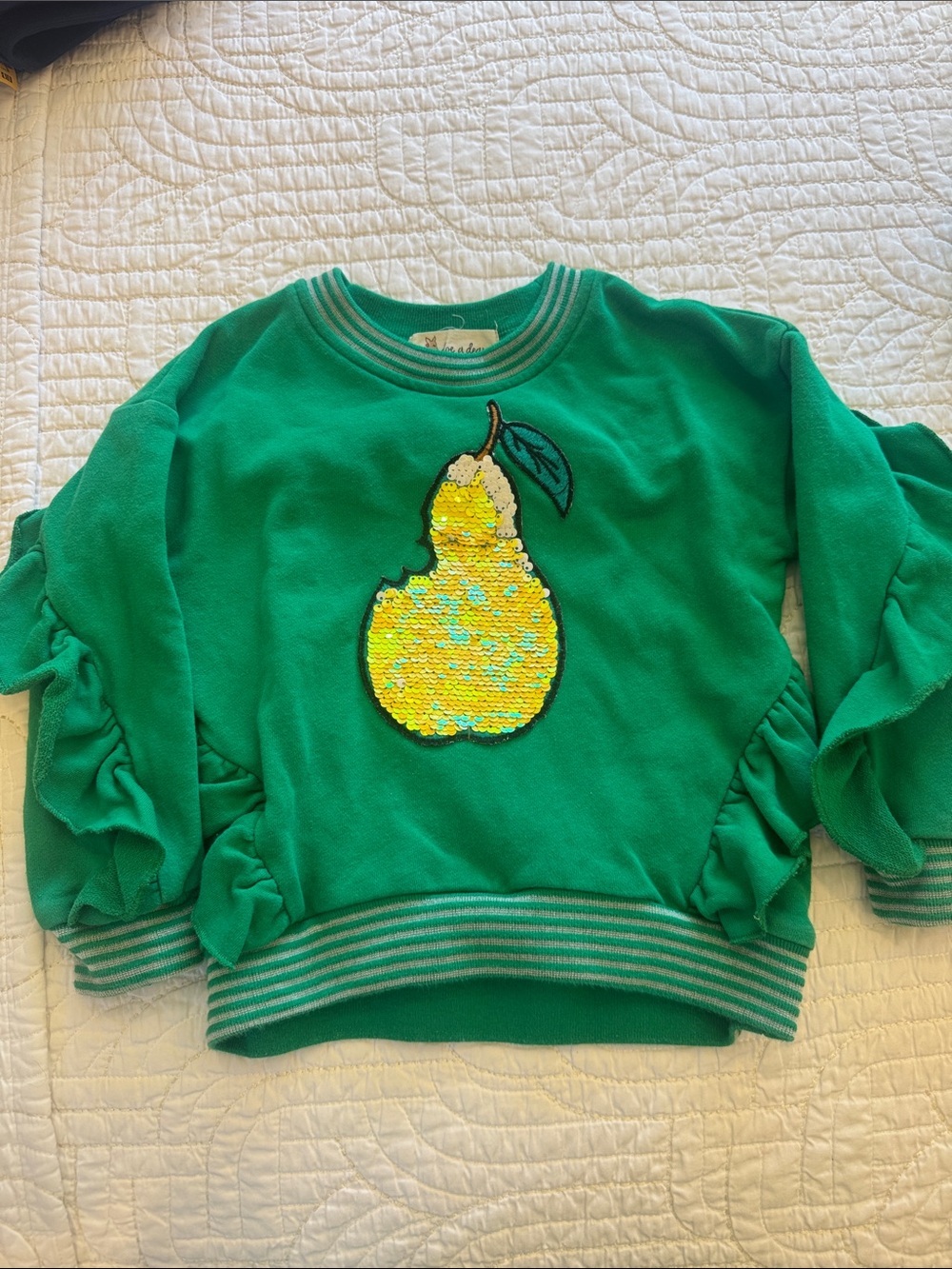 Girls Green Sequin Pear Sweatshirt with Ruffle Sleeves
